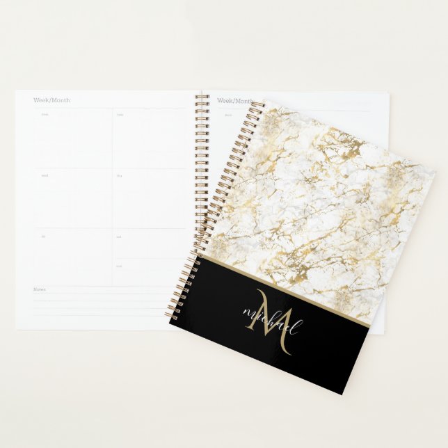 Agenda Mármore Dourado e Branco com Luxo de Monograma Pre (Exibição)