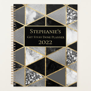 Agenda Mármore Preto e Branco Geométrico Personalizado