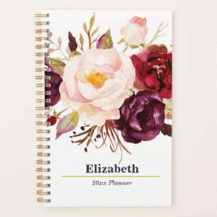 Agenda Marsala Boho Dourado Buquê Anual Mensal