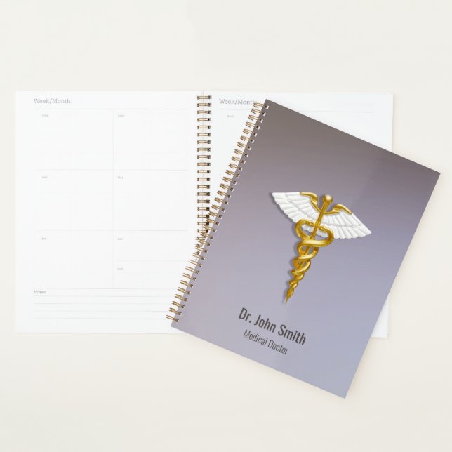 Agenda Medicina Elegante Dourada Caduceus White Wings (Exibição)