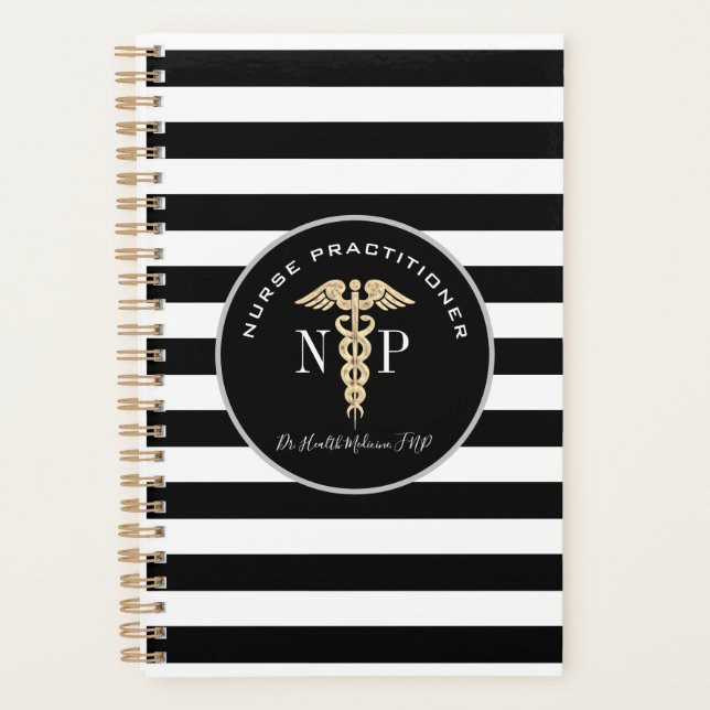 Agenda Médico de Enfermeira Monograma Branco Preto-Preto (Frente)