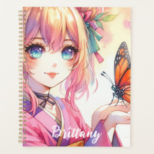 Agenda Menina animada segurando borboleta personalizada