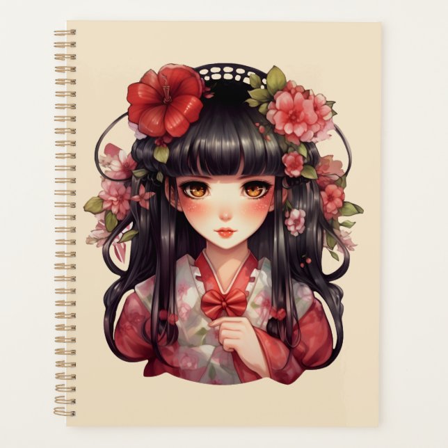 Agenda Menina de animação, flores rosa (Frente)