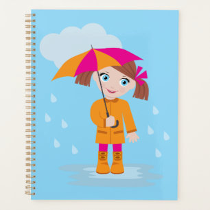 Agenda Menina de Casaco Laranja com Guarda-Chuva Rosa