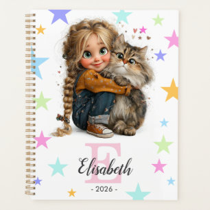 Agenda Menina e Monograma de Gatinho Qualquer Inicial & N