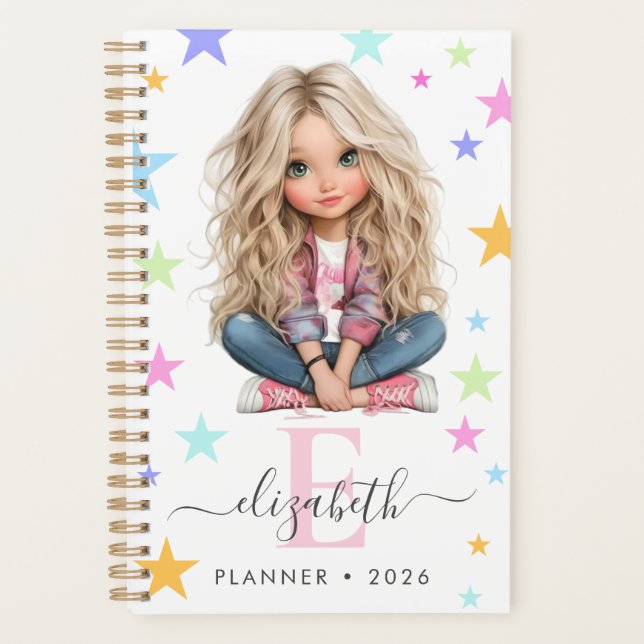 Agenda Menina Monograma Qualquer Inicial & Nome Foto Plan (Frente)