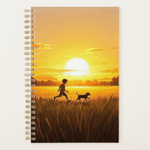 Agenda Menino correndo com cachorro no pôr do sol