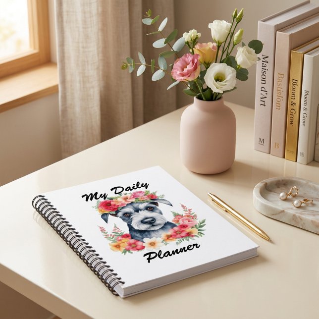 Agenda Mini Schnauzer Floral Diário (Mini Schnauzer Floral Daily Planner, mother's day, Dog mom.)
