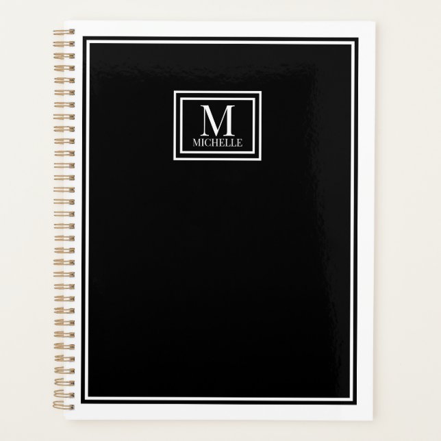 Agenda Minimalist Chic Two Boarder Monogram Name Black   (Frente)