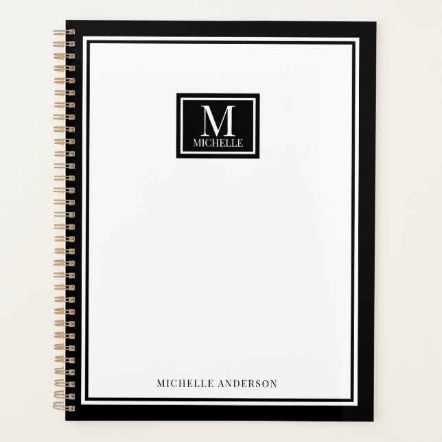 Agenda Minimalist Chic Two Boarder Monogram Name Black  (Frente)