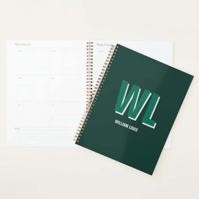 Agenda Minimalist Emerald Green Personalized Monogram  (Exibição)