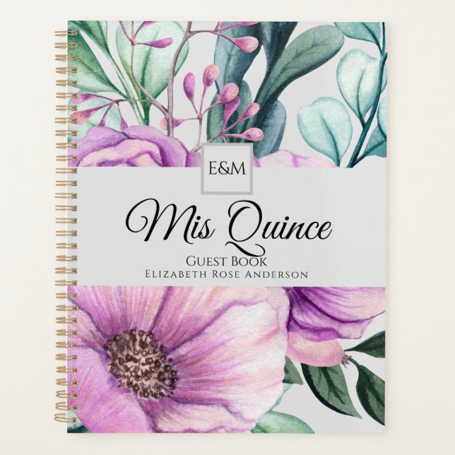 Agenda Mis QUINCE Purple Floral Quinceanera GUESTBOOK NOV (Frente)