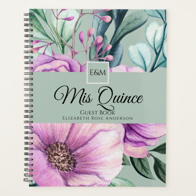 Agenda Mis QUINCE Purple Floral Quinceanera GUESTBOOK NOV (Frente)