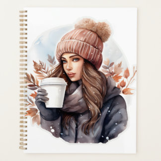 Agenda Moda de água, moça de inverno com café