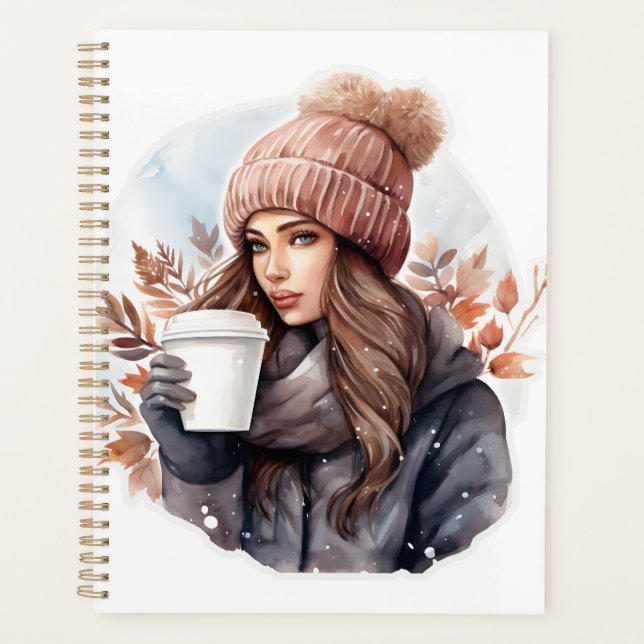 Agenda Moda de água, moça de inverno com café (Frente)