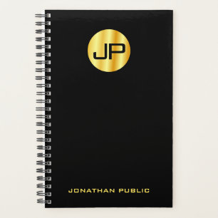 Agenda Modelo Elegante Preto Dourado Monograma Personaliz