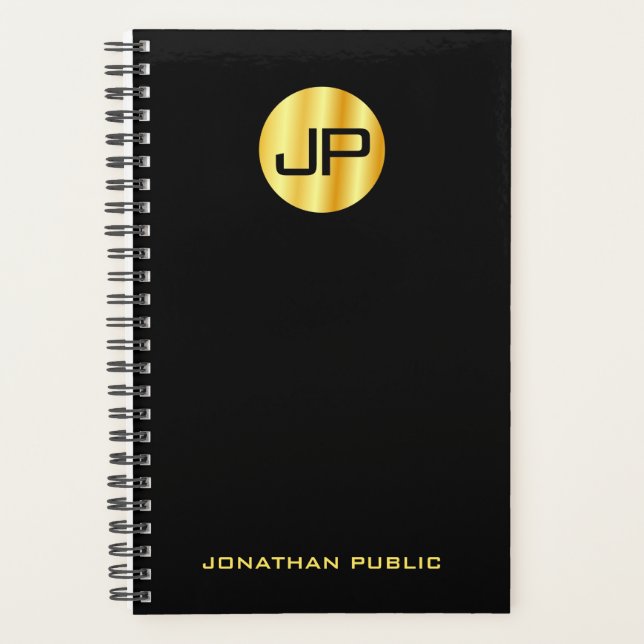 Agenda Modelo Elegante Preto Dourado Monograma Personaliz (Frente)