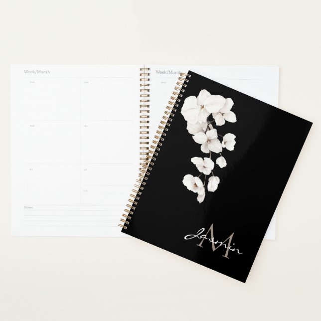 Agenda Modern Black and White Orchid Floral Monogram (Exibição)