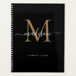 Agenda Modern Black Girly Monographic Name (Nome de Scrip<br><div class="desc">Planeador do moderno Black Dourado Girly Monographic Name 2024</div>