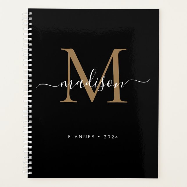 Agenda Modern Black Girly Monographic Name (Nome de Scrip (Frente)