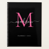 Modern Black Hot Pink Girly Monograma Script 2021