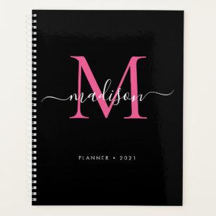 Agenda Modern Black Hot Pink Girly Monograma Script 2021