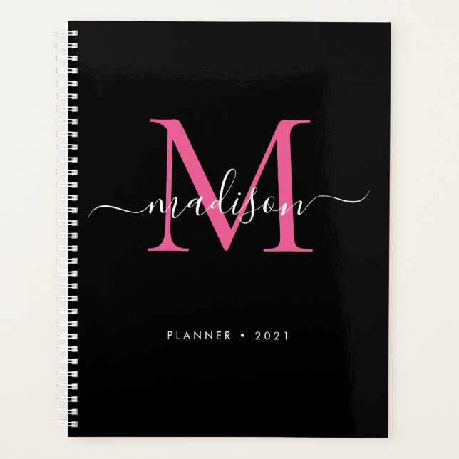 Agenda Modern Black Hot Pink Girly Monograma Script 2021 (Frente)
