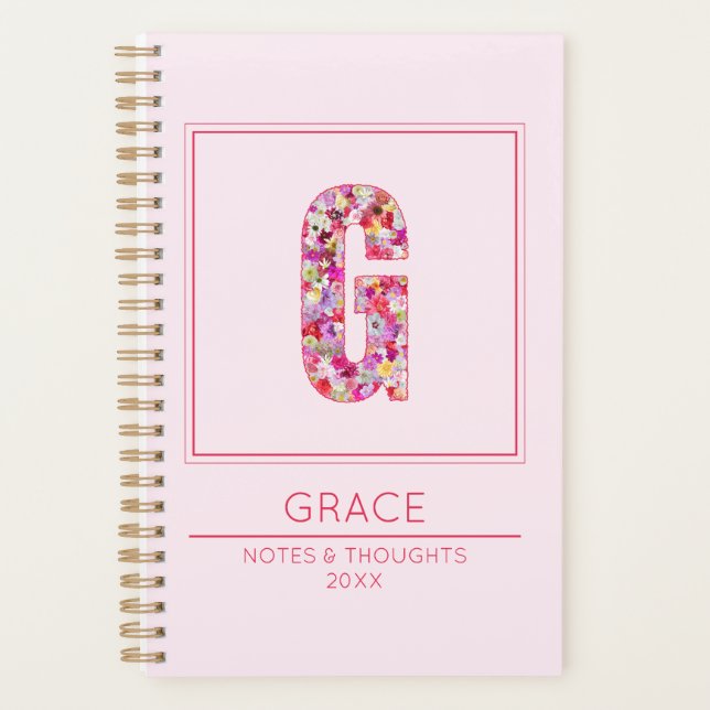 Agenda Modern Blush Pink Girly Floral Monogram Letter G (Frente)