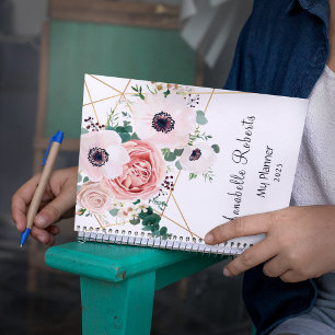 Agenda Modern Coral Pink Flowers Days Weeks Custom