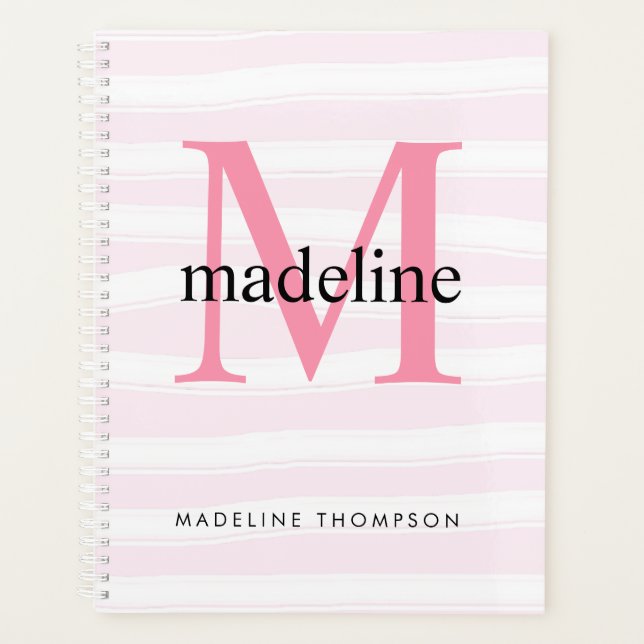 Agenda Modern Girly Pink Strips Monograma Nome inicial (Frente)
