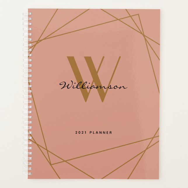 Agenda Modern Girly Rosa Dourado Monograma Nome do Script (Frente)