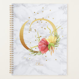 Agenda Modern Marble Watercolor Golden Monogram Letter O