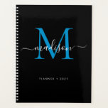 Agenda Modern Monograma Black Blue Girly Script Name 2021<br><div class="desc">Modern Monograma Black Ocean Bright Blue Girly Elegante Nome de Script de Na moda de 2021</div>