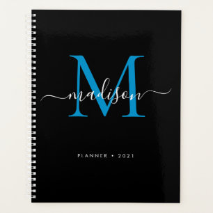 Agenda Modern Monograma Black Blue Girly Script Name 2021