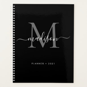Agenda Modern Monograma Black Cinza Girly Script Name 202