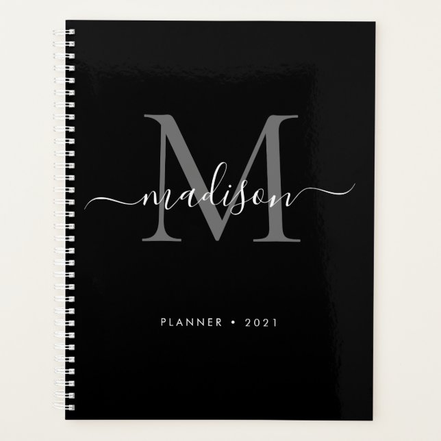 Agenda Modern Monograma Black Cinza Girly Script Name 202 (Frente)