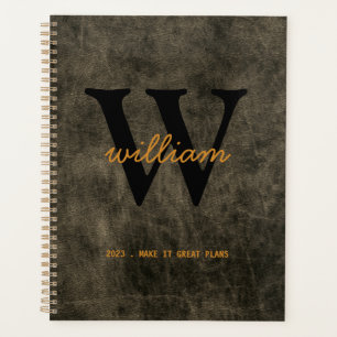 Agenda Moderno chic cinza couro script preto monograma