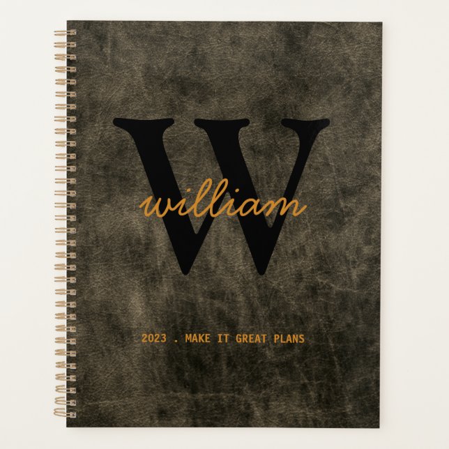 Agenda Moderno chic cinza couro script preto monograma (Frente)