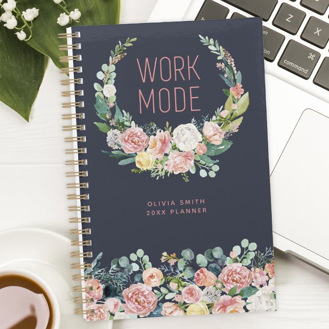 Agenda Modo de Trabalho Marinho Azul Floral Personalizado (Criador carregado)
