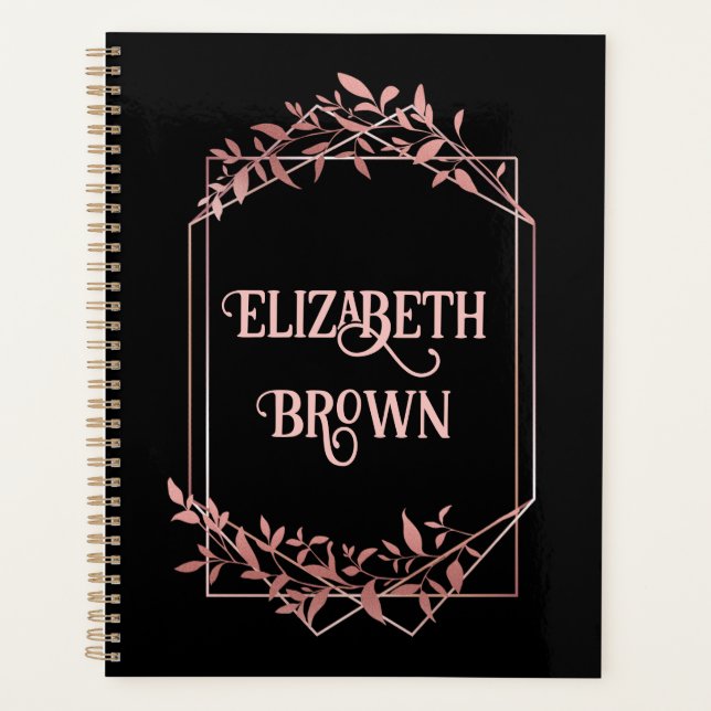 Agenda Moldura de ouro de rosa elegante deixa preto (Frente)