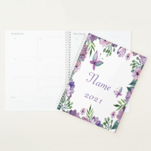 Agenda Moldura floral de borboleta roxa personalizada