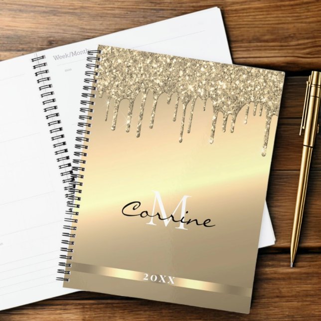 Agenda Monograma 14 k Diário Dourado Glitter Metálico (Criador carregado)