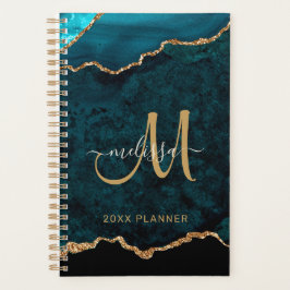 Agenda Monograma 2024 do Agitador Dourado Teal Elegante