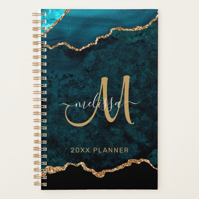 Agenda Monograma 2024 do Agitador Dourado Teal Elegante (Frente)