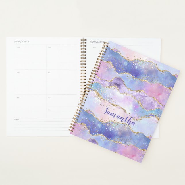 Agenda Monograma Agate Glitter Trendy Blue Pink (Exibição)