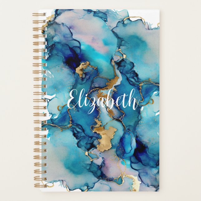 Agenda Monograma Azul Dourado Lavado Splash Aquarela Abst (Frente)