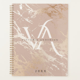 Agenda Monograma Branco Cor-de-rosa brilhante moderno