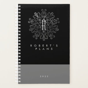 Agenda Monograma branco e preto-e-branco de ornamentado l