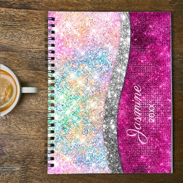 Agenda Monograma branco, iridescente, cor-de-rosa, com br