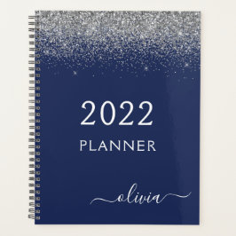 Agenda Monograma Brilho Glitter Azul Marinho Prata 2022
